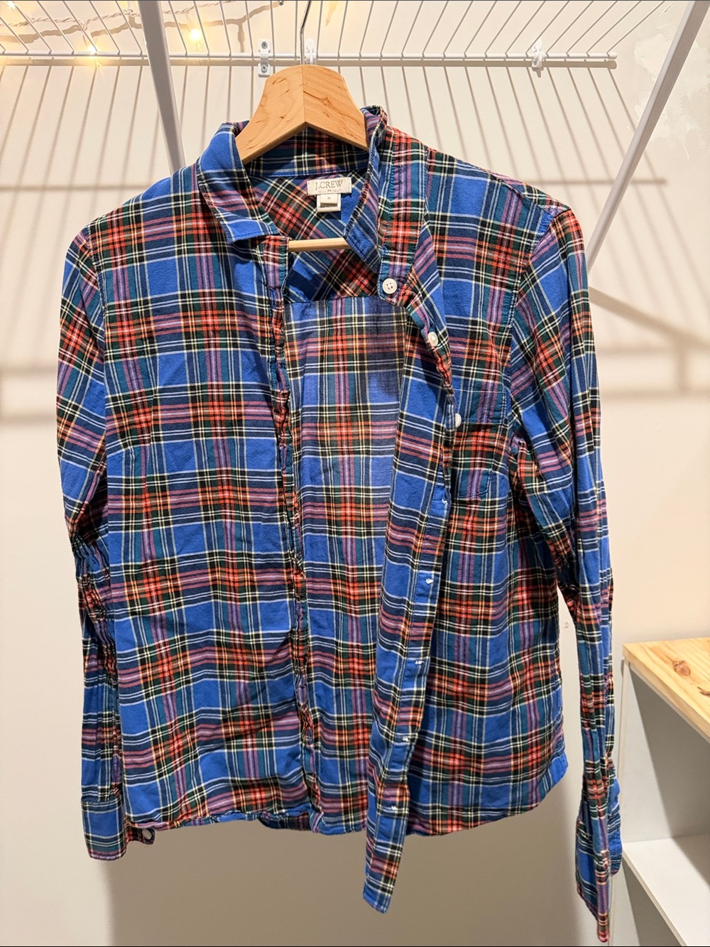J. Crew Blue Plaid Button-Front Shirt with Red and Green Accents